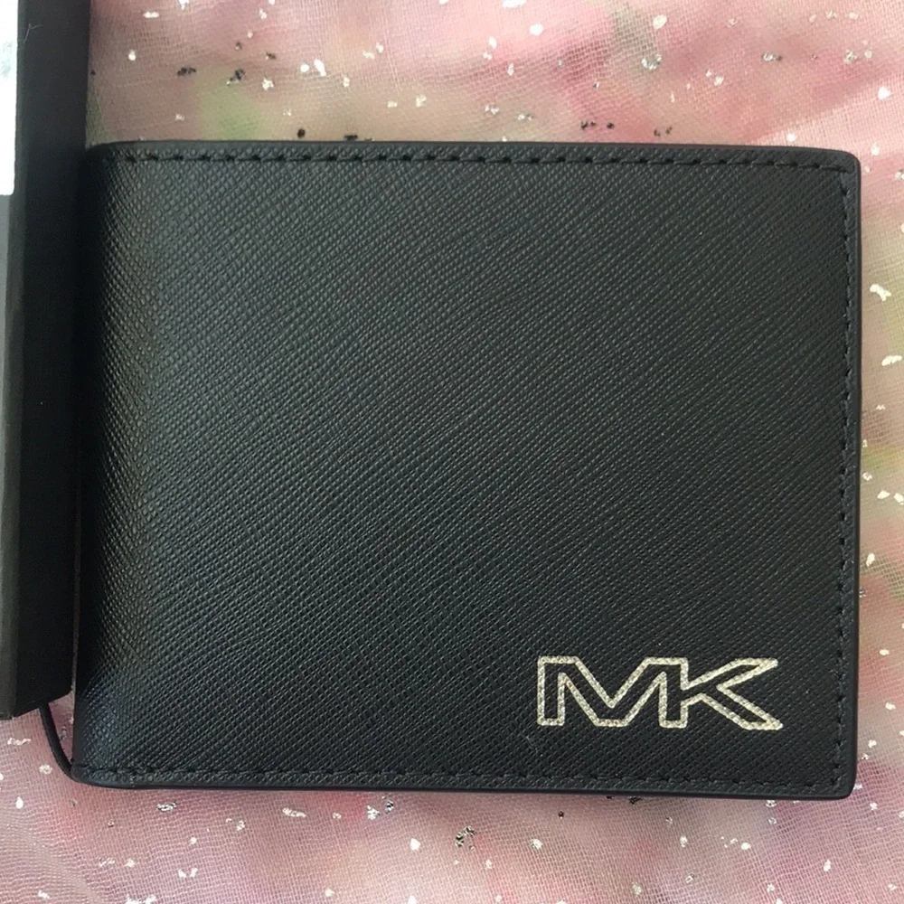 Brand New Michael Kors Genuine Leather Black Slim Billfold Wallet w/ Silver Logo